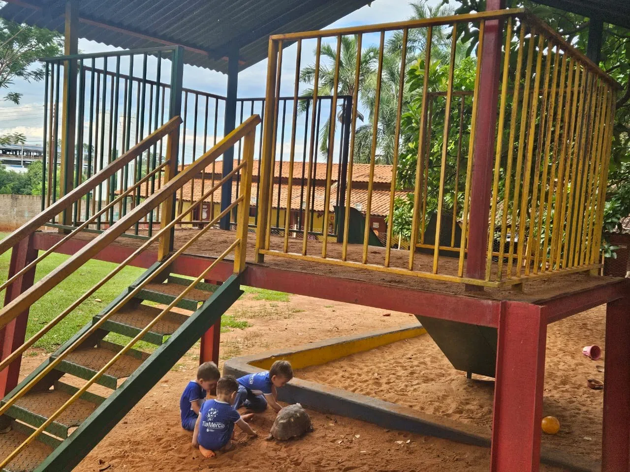 Crianças brincando na areia com um jabuti, embaixo da torre de escalada do parque da escola